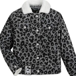 Disney Mickey Mouse Jacket Womens Large Gray Leopard Sherpa Lined Corduroy